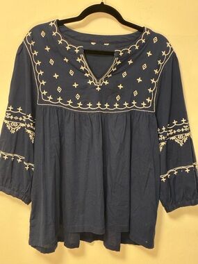Embroidered Boho Lightweight Cotton Peasant Top Large - Navy&White